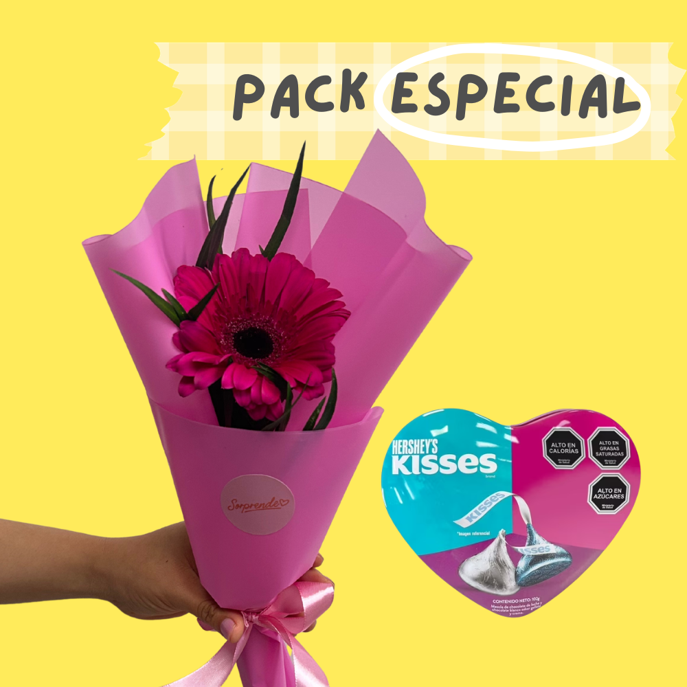 Pack Especial: Gerbera arreglada + Lata corazón Kisses