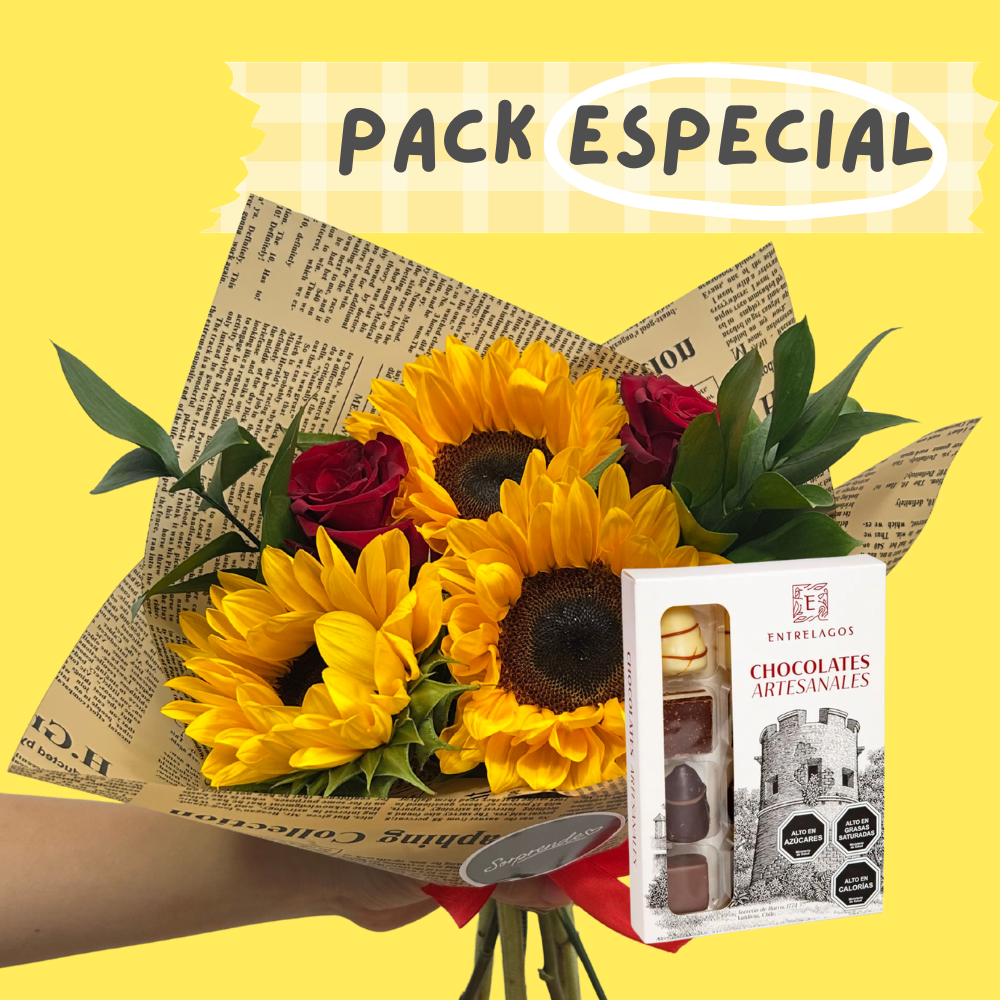 Pack Especial: Ramo Girasoles y Rosas + Bombones 120 gr Entrelagos
