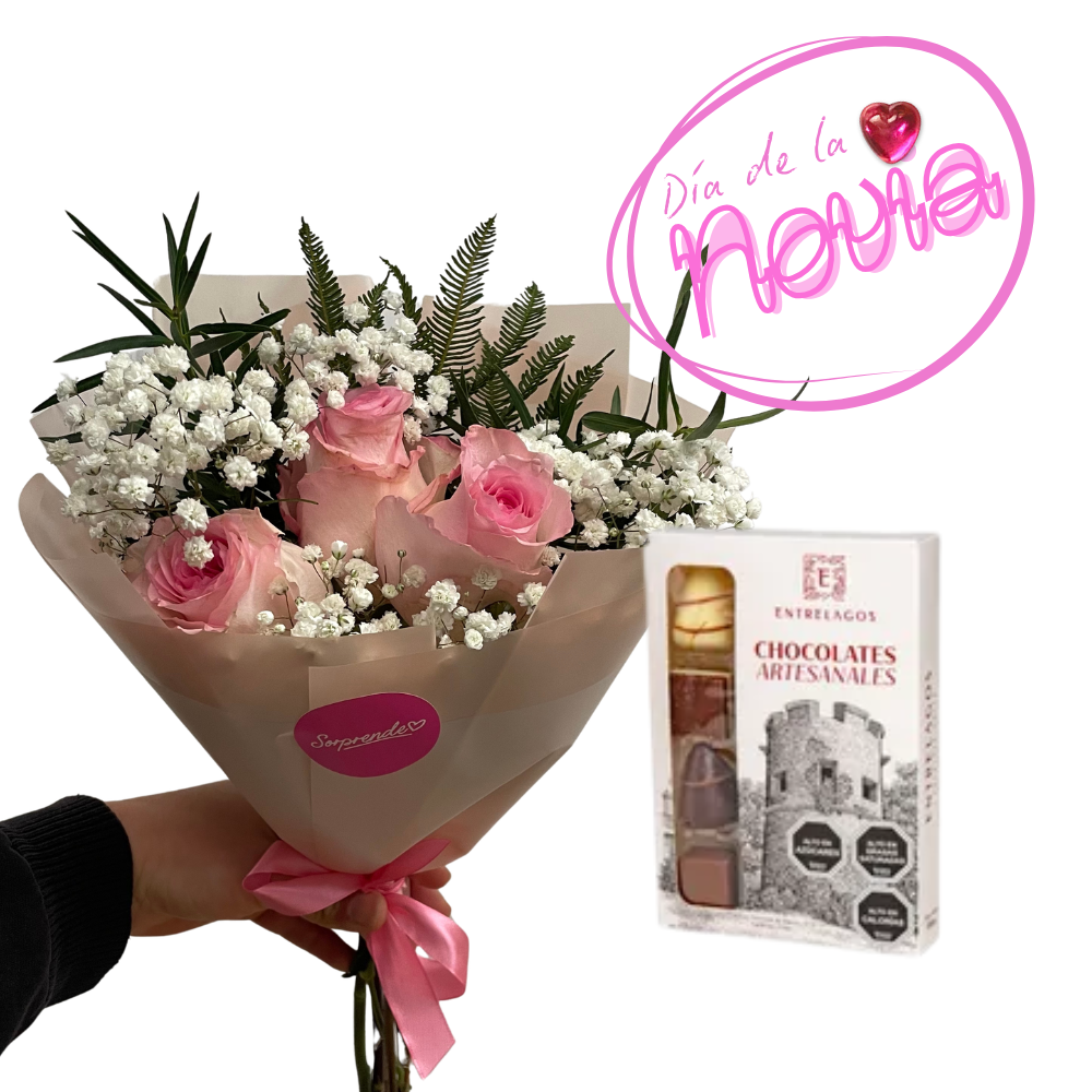 PACK NOVIA: RAMO 3 ROSAS + BOMBONES ENTRELAGOS