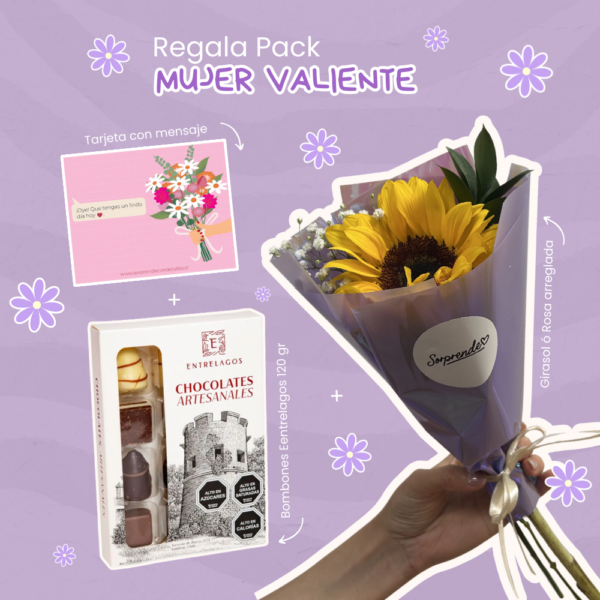 PACK MUJER VALIENTE: FLOR ARREGLADA + BOMBONES ENTRELAGOS 120 GR