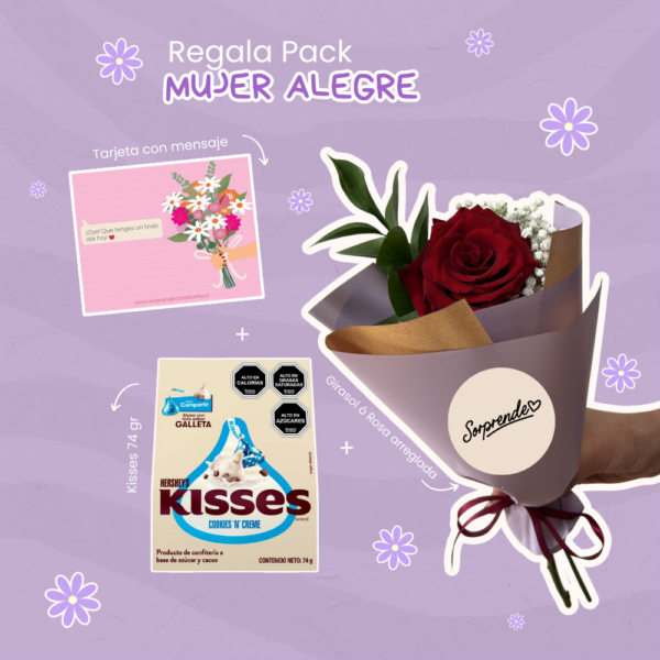 PACK MUJER ALEGRE: FLOR ARREGLADA + KISSES 74 GR