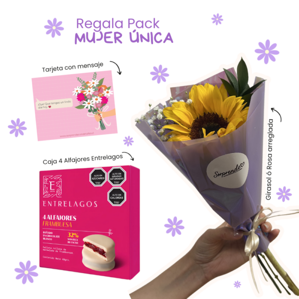 PACK MUJER UNICA: FLOR ARREGLADA + CAJA 4 ALFAJORES FRAMBUESA